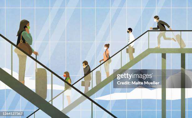 travelers in face masks on escalators in airport - female rising stock illustrations