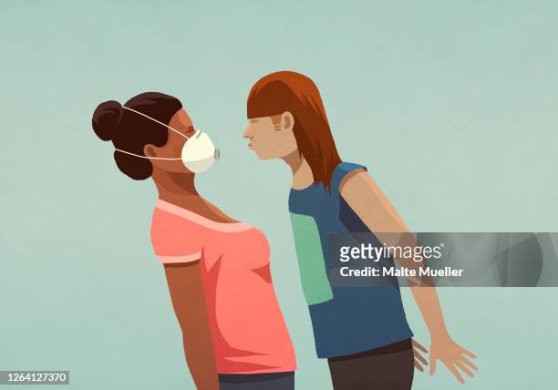 aggressive woman confronting woman in face mask - konflikt stock-grafiken, -clipart, -cartoons und -symbole