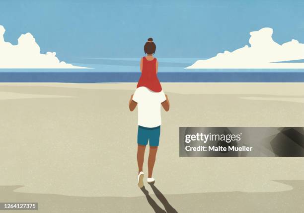 father carrying daughter on shoulders on idyllic sunny summer ocean beach - rücken stock-grafiken, -clipart, -cartoons und -symbole
