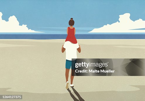 Father carrying daughter on shoulders on idyllic sunny summer ocean beach Father carrying daughter on shoulders on idyllic sunny summer ocean beach