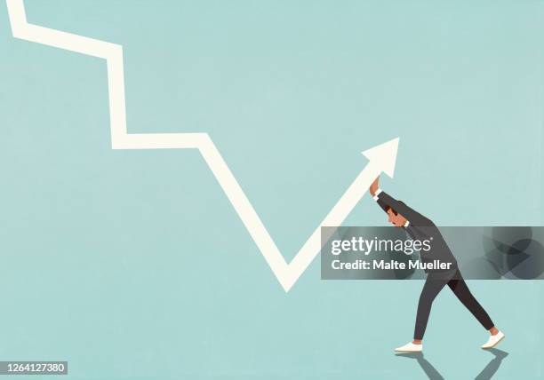 businessman struggling to move data arrow upwards - 2020 recession stock illustrations