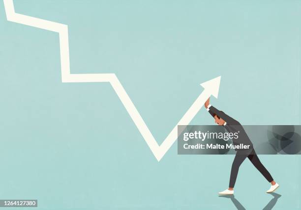 businessman struggling to move data arrow upwards - recession stock illustrations