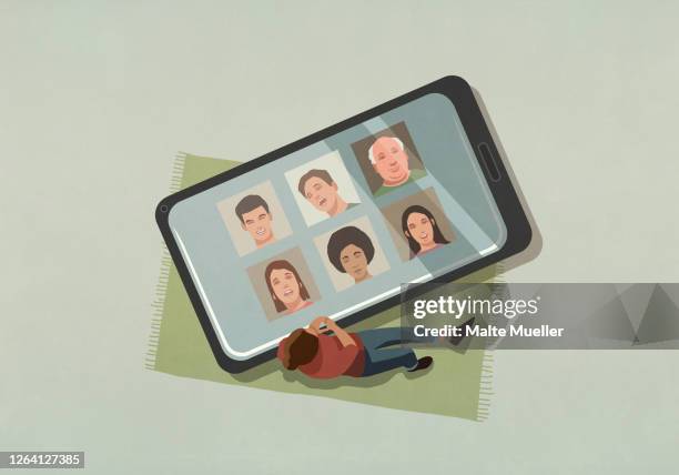 woman video chatting with friends on large smart phone screen - men and women in a large group listening stock-grafiken, -clipart, -cartoons und -symbole