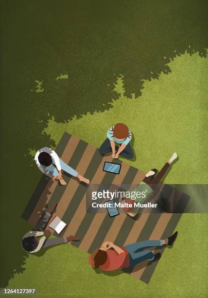 friends social distancing with book and digital tablets in park - tablet digital stock illustrations