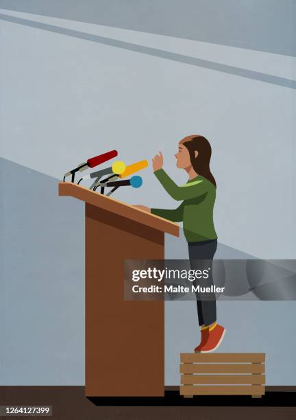 stockillustraties, clipart, cartoons en iconen met girl standing on crate at podium with microphones - op de zeepkist gaan staan