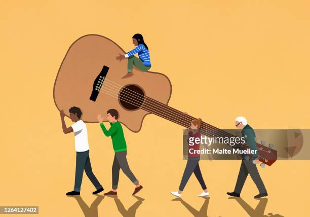 illustrations, cliparts, dessins animés et icônes de community carrying large guitar - instrument de musique