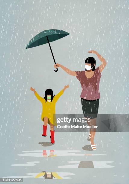 mother and daughter in face masks running playfully in rain - two woman running stock illustrations