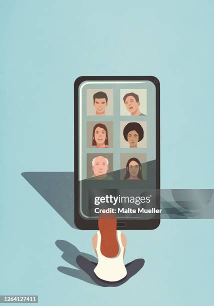 woman video chatting with friends on large smart phone screen - information superhighway stock illustrations