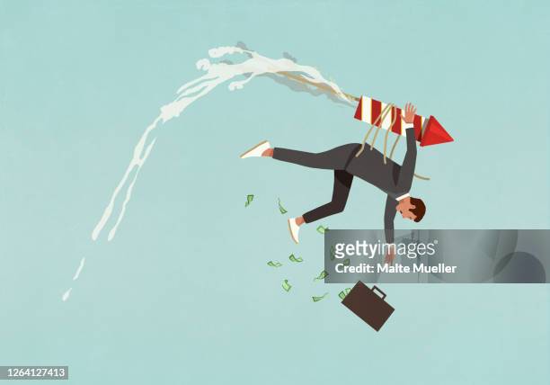 ilustraciones, imágenes clip art, dibujos animados e iconos de stock de businessman with rocket strapped to back falling from sky - caída de la bolsa de acciones