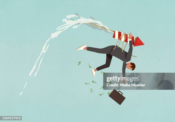 illustrations, cliparts, dessins animés et icônes de businessman with rocket strapped to back falling from sky - exchange rate