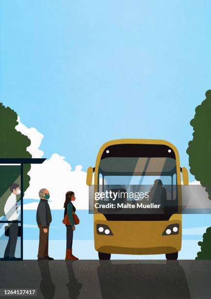 business people in face masks boarding public bus - arrivals stock illustrations