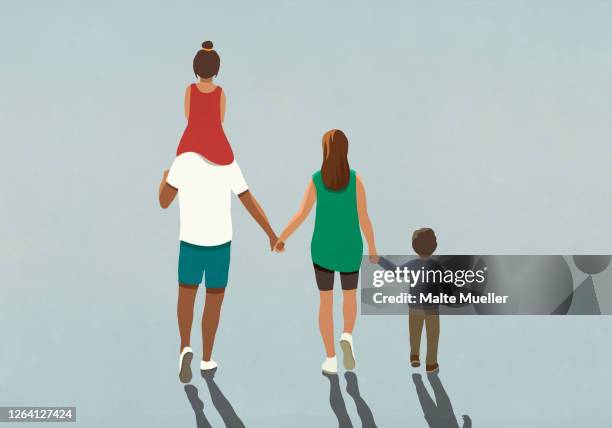 illustrazioni stock, clip art, cartoni animati e icone di tendenza di affectionate family holding hands and walking - famiglia