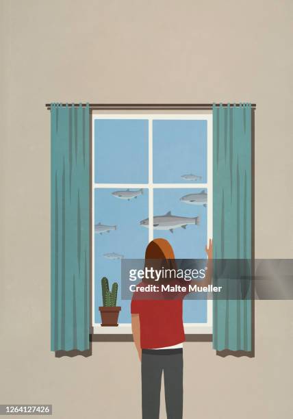 woman looking at swimming fish from window - captive animals stock illustrations