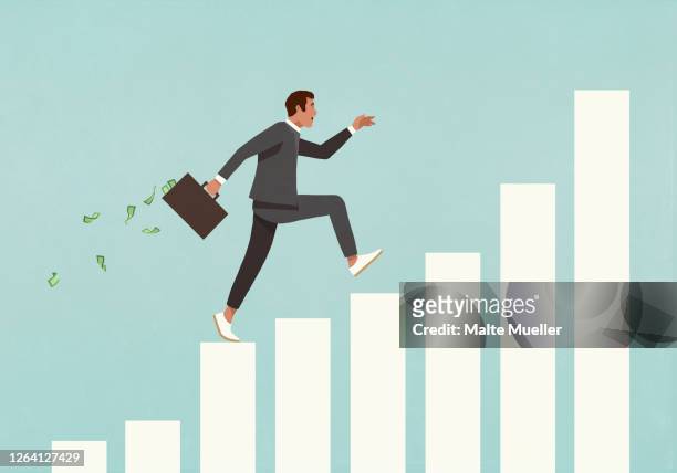 illustrazioni stock, clip art, cartoni animati e icone di tendenza di eager businessman with briefcase of money running up ascending bar graph - crescita