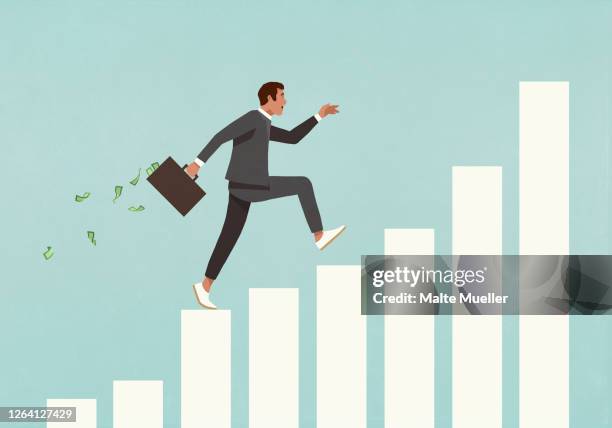 stockillustraties, clipart, cartoons en iconen met eager businessman with briefcase of money running up ascending bar graph - loon arbeidsvoorwaarden