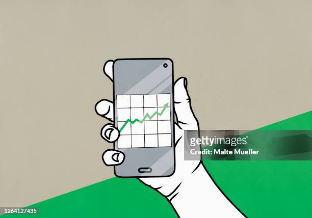 illustrazioni stock, clip art, cartoni animati e icone di tendenza di pov hand holding smart phone with data graph - quotazione di borsa