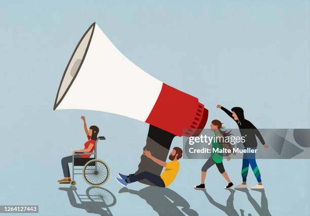 ilustraciones, imágenes clip art, dibujos animados e iconos de stock de protesters with large megaphone - diversidad funcional