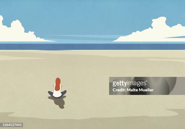 serene woman sitting on tranquil sunny summer ocean beach - eskapismus stock-grafiken, -clipart, -cartoons und -symbole