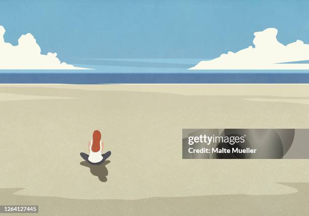 serene woman sitting on tranquil sunny summer ocean beach - sitting cross legged stock illustrations