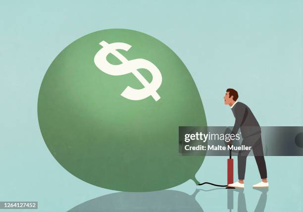 stockillustraties, clipart, cartoons en iconen met businessman inflating dollar sign balloon with tire pump - hebzucht