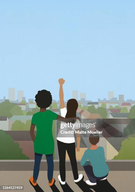 ilustrações, clipart, desenhos animados e ícones de protest friends gesturing on city rooftop - social justice concept