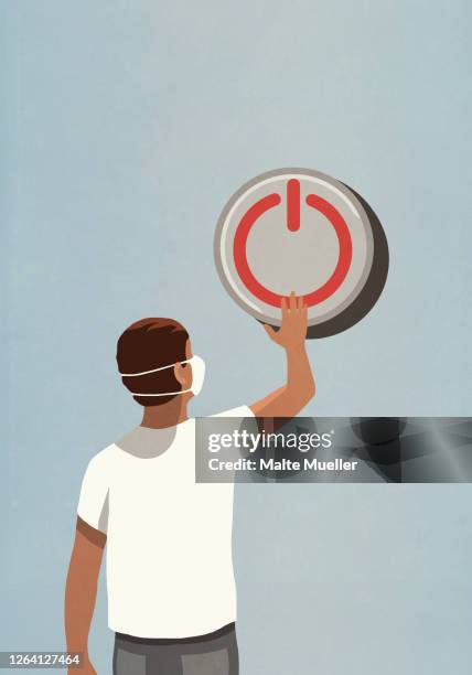 man with face mask pushing large power off button - vulnerability stock illustrations