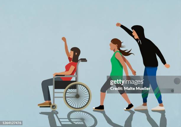 protesters gesturing with fists - social justice concept stock illustrations