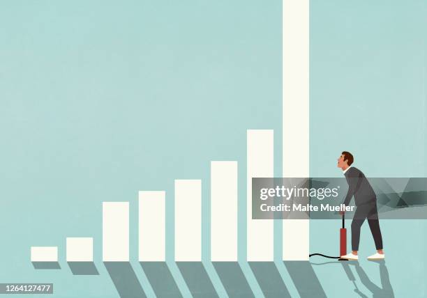 ilustraciones, imágenes clip art, dibujos animados e iconos de stock de businessman inflating bar graph with tire pump - one man only stock illustrations