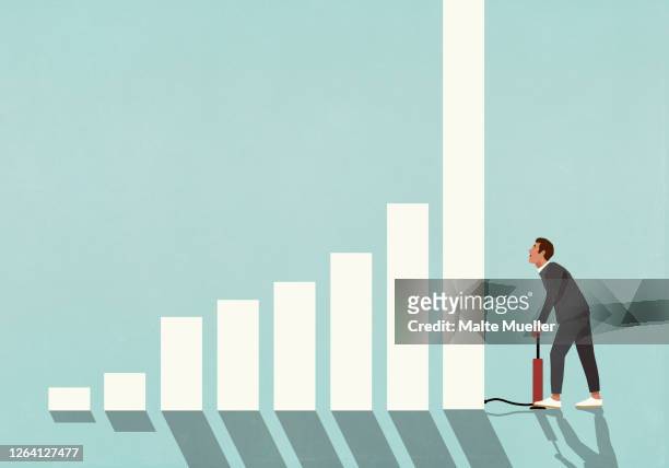 businessman inflating bar graph with tire pump - effort stock illustrations