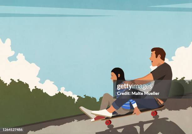 happy father and daughter riding skateboard downhill - skateboard stock illustrations