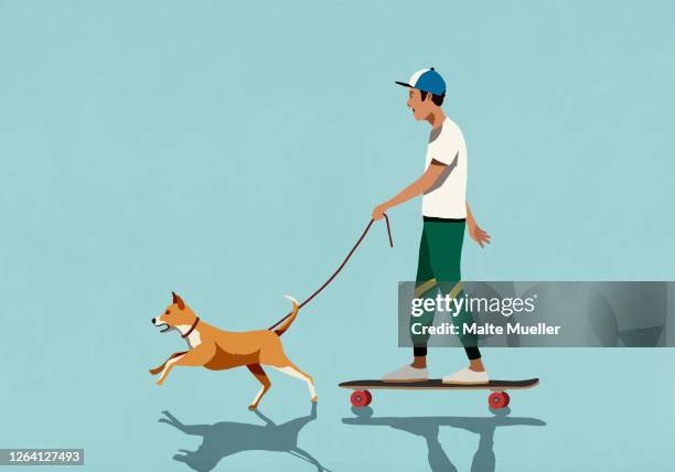ilustraciones, imágenes clip art, dibujos animados e iconos de stock de dog on leash pulling boy riding skateboard - arrastrar