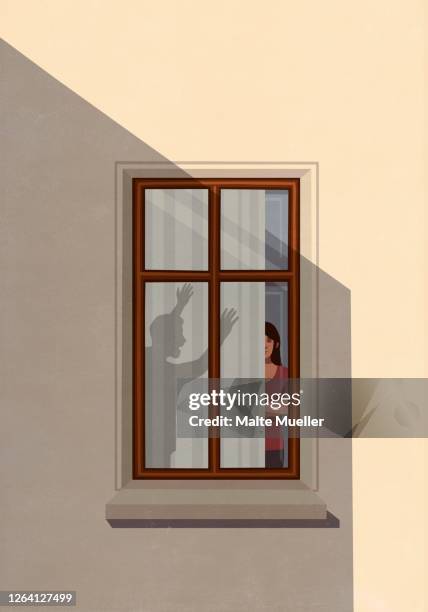 illustrations, cliparts, dessins animés et icônes de shadow of angry man gesticulating at woman in apartment window - pousser un cri