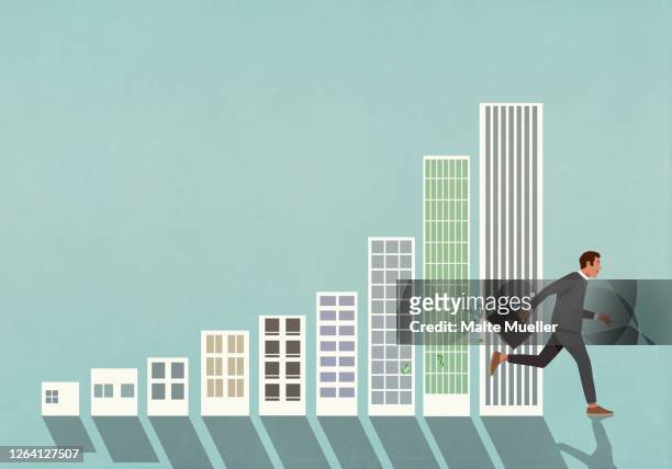 businessman with briefcase of money running past buildings bar chart - business stock illustrations