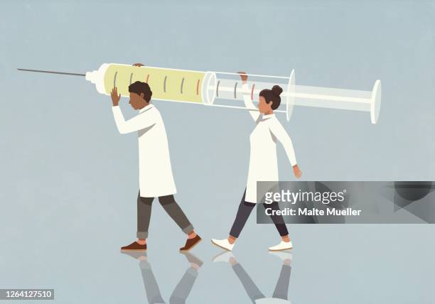 doctors carrying large syringe - protective workwear stock illustrations