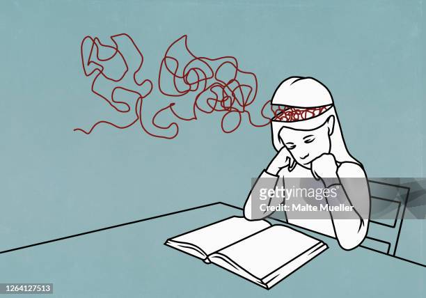 strings in brain of girl reading book - schulkinder stock-grafiken, -clipart, -cartoons und -symbole