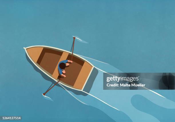 bildbanksillustrationer, clip art samt tecknat material och ikoner med man in rowboat on water - rowboat