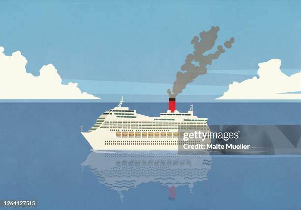 illustrazioni stock, clip art, cartoni animati e icone di tendenza di smoke emitting from cruise ship smokestack on ocean - ciminiera