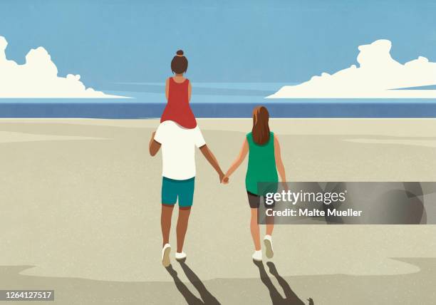 affectionate family walking on tranquil sunny summer ocean beach - 後ろ姿　女性点のイラスト素材／クリップアート素材／マンガ素材／アイコン素材