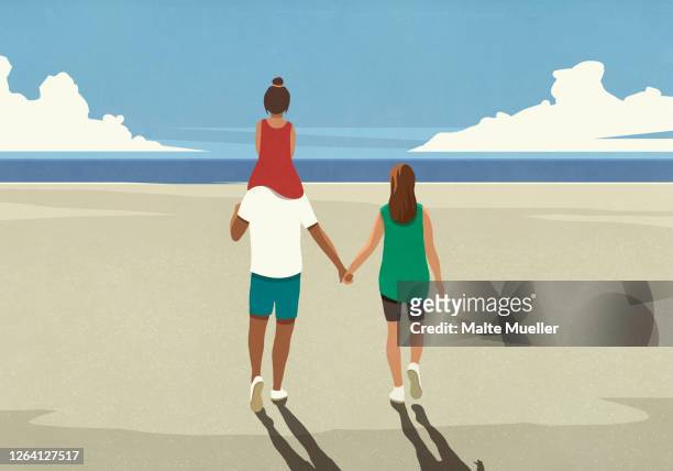 bildbanksillustrationer, clip art samt tecknat material och ikoner med affectionate family walking on tranquil sunny summer ocean beach - woman outside