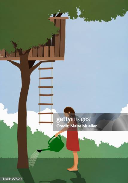 girl watering tree below tree house - barefoot stock illustrations