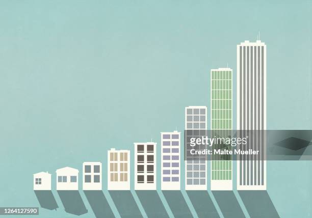 illustrazioni stock, clip art, cartoni animati e icone di tendenza di ascending buildings forming bar graph - grattacielo
