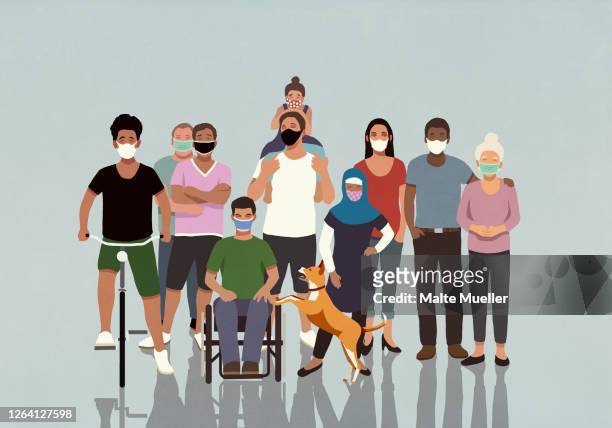 portrait diverse community in face masks - person looking at camera stock illustrations