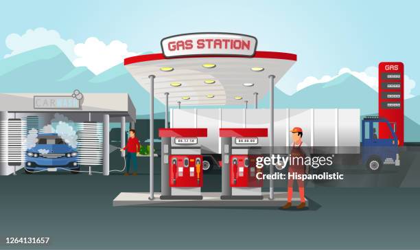 abbildung einer tankstelle - car wash stock-grafiken, -clipart, -cartoons und -symbole