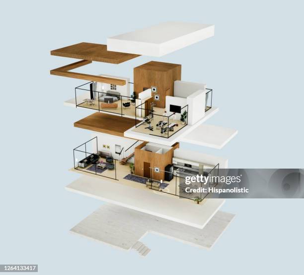 3d teruggeeft van een twee verdiepingen tellende huisproject - plan 3d stockfoto's en -beelden