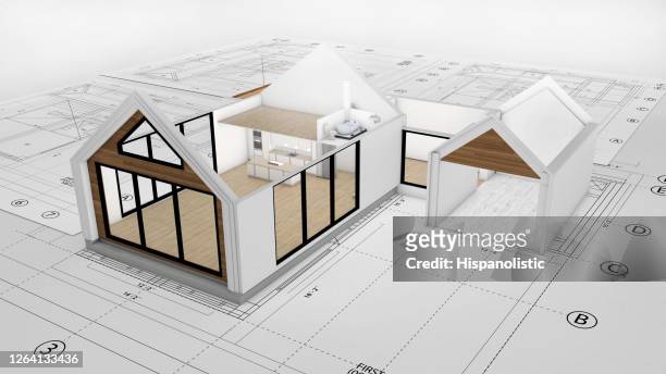 progetti con un rendering 3d di una bella casa a due piani in cima - progettare foto e immagini stock