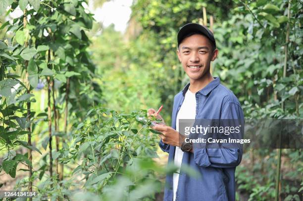 happy of smiling young asian farmer male holding the notebook on green garden - indonesian farmer fotografías e imágenes de stock