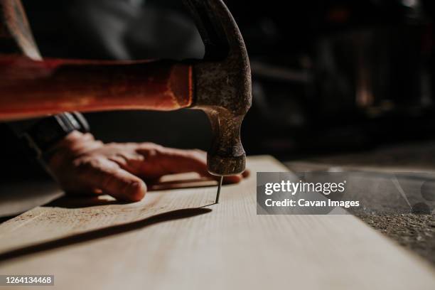 closeup of hammer hitting nail - chiodo foto e immagini stock