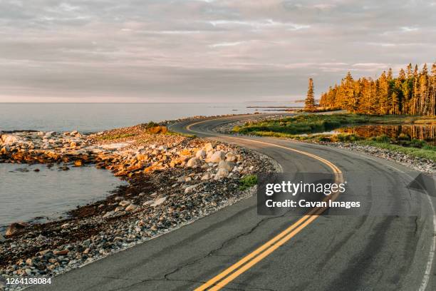 twisting road hugs shoreline at sunrise, acadia national park, maine - maine road stock pictures, royalty-free photos & images