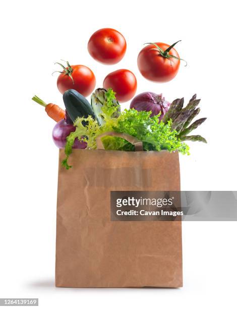 ecological bag of vegetables isolated from the background - grocery bag bildbanksfoton och bilder
