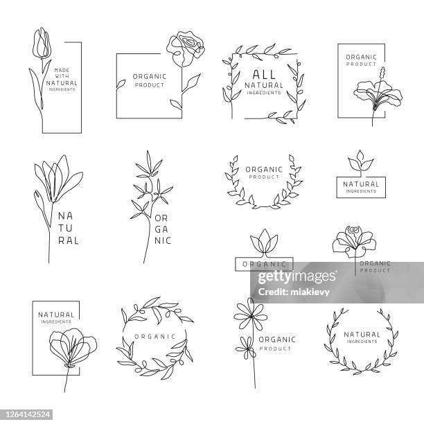 floral frames for natural and organic products - rose line stock illustrations